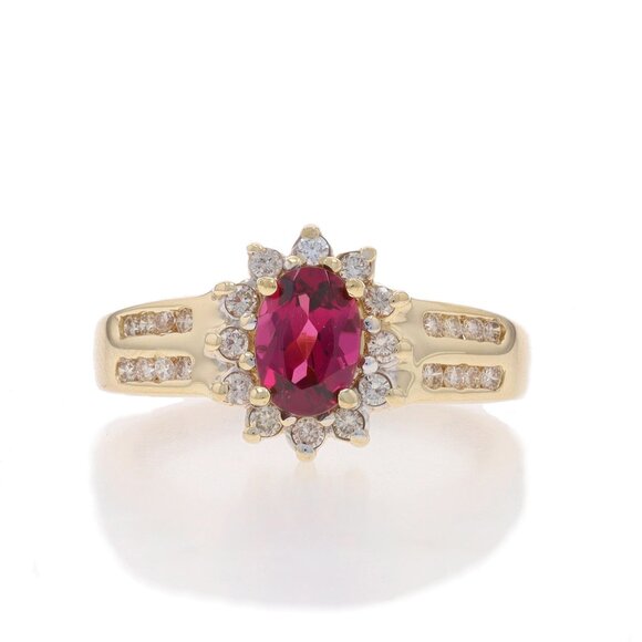 Yellow Gold Rhodolite Garnet & Diamond Halo Ring - 14k Oval 1.30ctw Floral - Picture 1 of 6